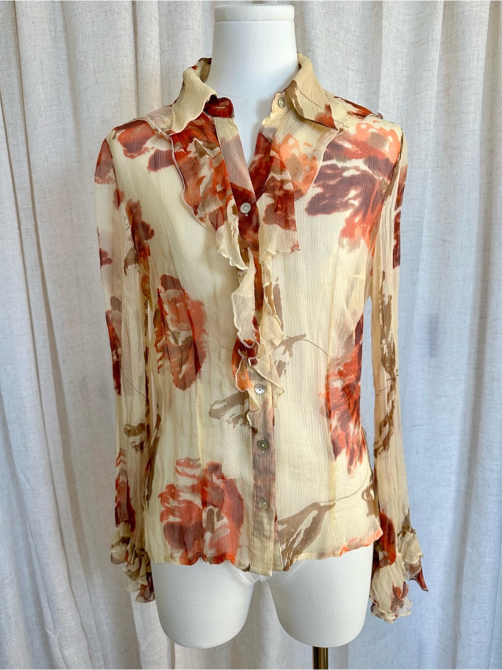Y2K Sheer Silk Floral Ruffle Button-Up Blouse - Cream with Rust Floral